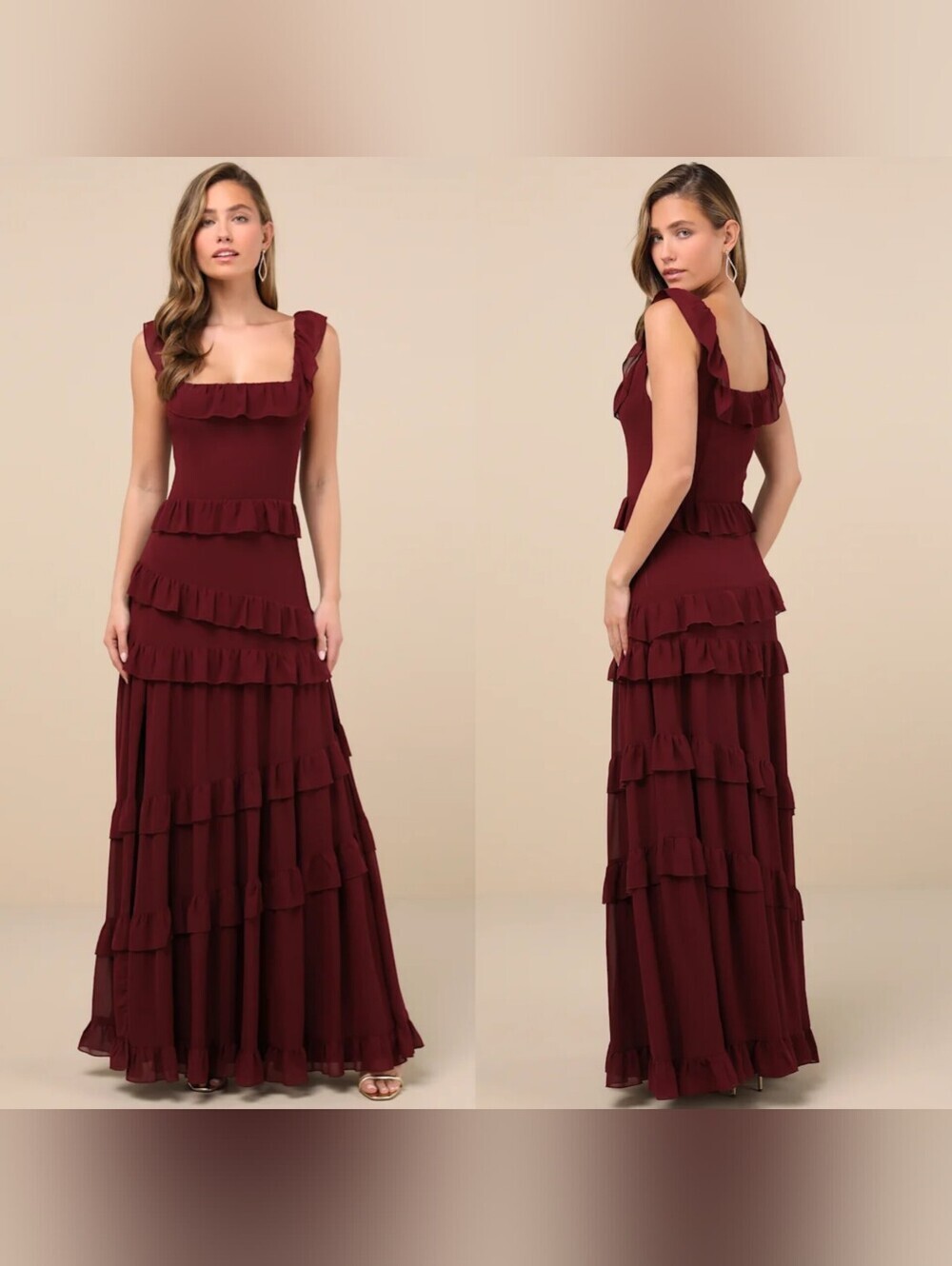 Lulus Compelling Romantic Burgundy Ruffled Tiered Maxi Dress S Wedding Party